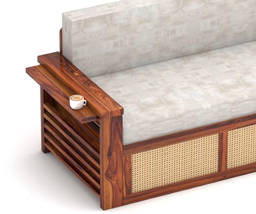 Image of Solid Sheesham Wood Sofa Cum Bed with Cane Rattan Design | Convertible Sofa Bed for Living Room & Bedroom (Honey Finish)