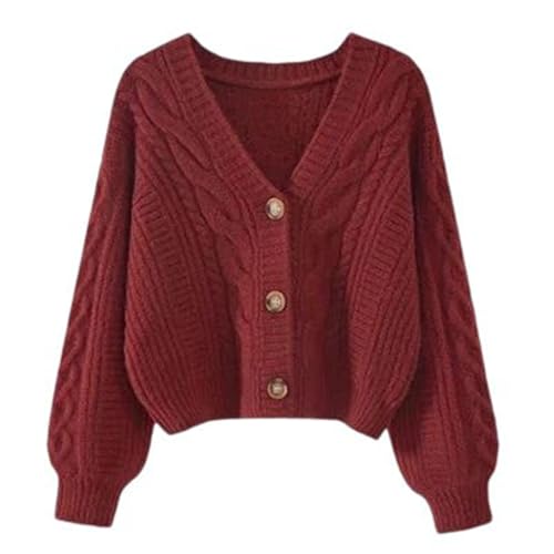 Womens Cable Knit Cardigan V-Neck Button-Up Crop Sweater Jacket Long Sleeve Vintage Outfit Slim Fit Top