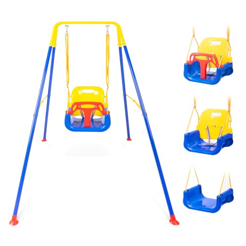 3-in-1 Toddler Swing Set with 4 Sandbags to Prevent Sideways Tipping, Heavy-Duty Kids Swing Set with Safety Harness, for Backyard, Indoor/Outdoor Play Hammock Frame, Foldable Metal Stand,Easy to Store