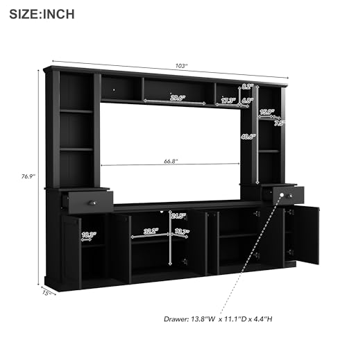ON-TREND Minimalist Entertainment Wall Unit Set with Bridge for TVs Up to 75'', Ample Storage Space TV Stand with Adjustable Shelves, Modernist Large Media Console for Living Room, Black