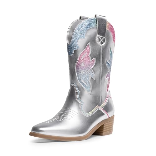 DREAM PAIRS Girls Cowgirl Cowboy Boots Western Fashion Mid Calf Boots 13 Little Kid Silver