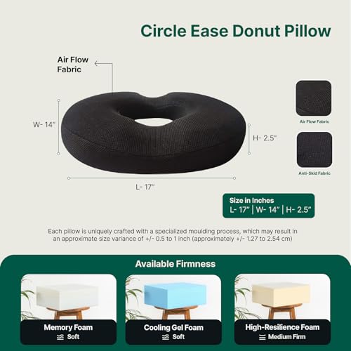 Image of The White Willow Donut Pillow - Medium Firm HR Memory Foam Coccyx Seat Cushion for Tailbone, Hemorrhoid & Piles Pain Relief - Car & Office Chair - Above 60KG - Classic Black
