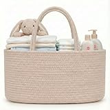 luxury little Diaper Caddy Organizer, Large Cotton Rope Nursery Baby Basket, Changing Table Organizer for Baby Diaper Storage, Portable Car Organizer Removable Divider (Oatmeal, Large)