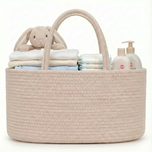 Image of luxury little Diaper Caddy Organizer, Large Cotton Rope Nursery Baby Basket, Changing Table Organizer for Baby Diaper Storage, Portable Car Organizer Removable Divider (Oatmeal, Large)