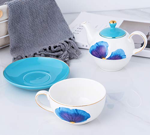 Jusalpha Blue Petal Classic Teapot- Tea Cup- Saucer Set, Tea-For-One Set #07 (Blue) #TOP6