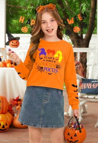 Image of BesserBay Girls Halloween Crop Tops Orange Print Spooky Shirt 6-14 Years