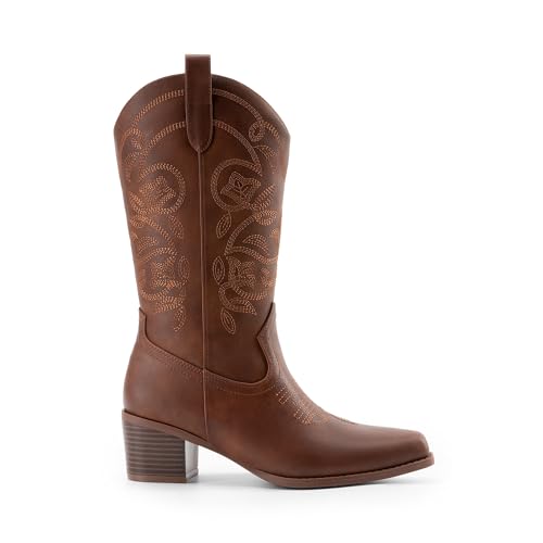 DREAM PAIRS DREAM PAIRS Cowboy Boots for Women Cowgirl Western Boots Fashion Embroidery Stitched Chunky Heel Mid Calf Boots,Size 9.5,Brown-Pu,DWUMMB2504