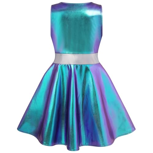 IBAKOM Girl Shiny Metallic Dress Toddler Holographic 80s Sparkly Outfits Kids Alien Halloween 90s Prom Swing Skater Dress2