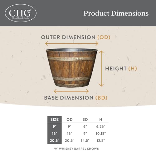 Classic Home & Garden Whiskey Barrel Planters - Wooden Finish Flower Planter Pot - Stylish Garden Pots - Indoor & Outdoor Resin Planters - Weather-Resistant Planting Pots (9" Oak Brown, Pack of 1)