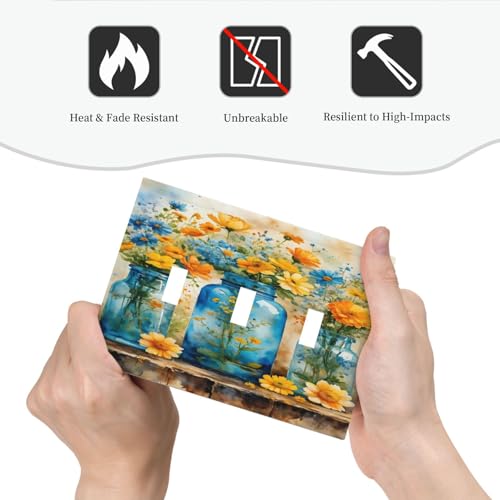 Decorative Switch Covers Plate Rustic Yellow Flowers Floral Blue Bottles 3 Gang Wall Plate Oversized Triple Toggle Light Switch Plate Jumbo Faceplate for Country Bedroom Home Decor