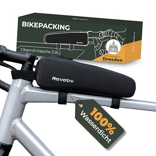 Rovativ® Bikepacking Oberrohrtasche [1,8 Liter] 100% Wasserdicht - Top Tube Bag - extra Fester Halt - Neuer Reißverschluss - für Gravelbike, Rennrad, MTB