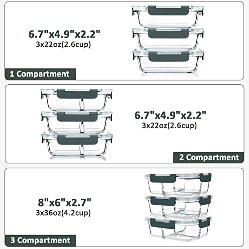 Komuee 9 Packs Glass Meal Prep Containers 1&2&3 Compartments,Glass Food Storage Containers With Airtight Lids，Glass Lunch Containers,Glass Bento Boxes,Bpa Free,Gray #TOP1