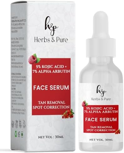 Herbs & Pure 5% Kojic Acid & 7% Alpha Arbutin Face Serum, Tan Removal and Spot Correction, All Skin Types | Hyperpigmentation Melasma Dark Spots Acne Marks Tan Removal | Even Skin Tone Brightening Serum 30ml โ