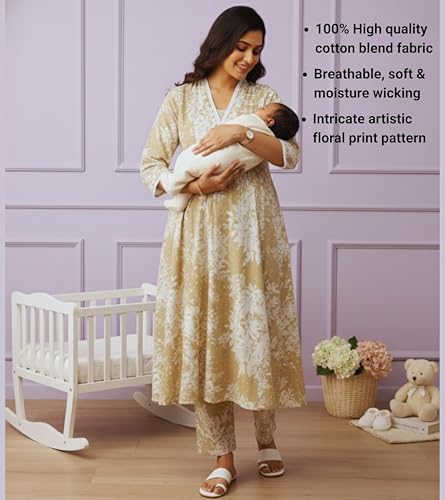 Image of DUMMY SHAPE Maternity Dresses for Women Cotton Blend | Floral Kurta Pant Dupatta Set with Nursing Zippers to Pre & Post Partum | Feeding Kurtis | Mom to Be Gifts for Pregnant Woman