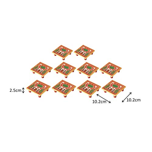 Image of Handicrafts Paradise ( 4 x 4 inch, Set of 10 Pc Marble Chowki with Peacock Design Painted Bajot for God, Home Mandir, Idols Statues Pratima, Home Decor Showpiece for Bulk Return Gifts