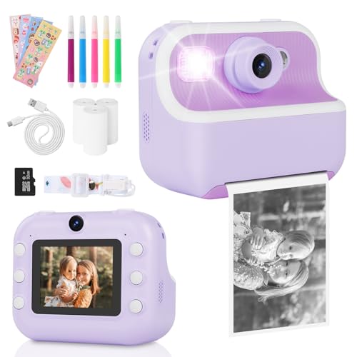 Kids Camera, Dual Camera Kids Camera Instant Print for Girls Boys With Print Photo Paper & Color Pens for DIY, Gifts for 3 4 5 6 7 8 9 10 Year Olds Girls Boys, 32Gb Sd Card – Purple