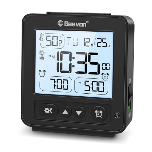 Geevon Small Digital Alarm Clock for Heavy Sleepers, Portable Travel Atomic Clock with Battery Powered, Compact Desk Table Clock with Auto Light Night, Dual Alarms, 8s Backlight for Bedroom, Black