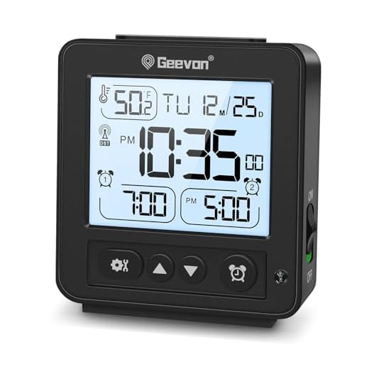 Geevon Small Digital Alarm Clock for Heavy Sleepers, Portable Travel Atomic Clock with Battery Powered, Compact Desk Table Clock with Auto Light Night, Dual Alarms, 8s Backlight for Bedroom, Black
