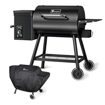 KingChii Electric Wood Pellet Grill & Smoker with Side Shelf, 456 SQ.IN Grill Capacity, with PID Temperature Control (180-425°F) for Backyard Camping Bake and Roast, Black with Cover