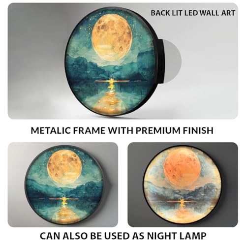 Image of PAINTINGMANTRA Full Moon Scenic View Night Wall Lamp Painting with Premium Aluminium Metal Frame, Nature Round Wall Painting with Warm White Night Lamp for Home & Office Wall Decor (18x18 Inches)