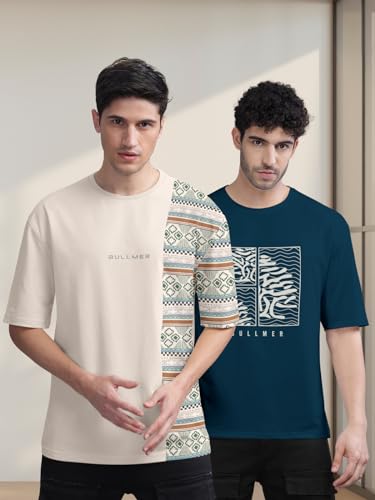 Image of BULLMER Trendy Front and Back Printed Oversized Round Neck T-Shirt for Men - Pack of 2