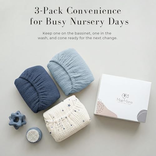 Image of MairMore 3 Pack Muslin Bassinet Sheets for Babies, Soft & Breathable 100% Cotton Fitted Sheets for Oval, Rectangle, Hourglass Bassinet Mattress Pads (Starry Sky)