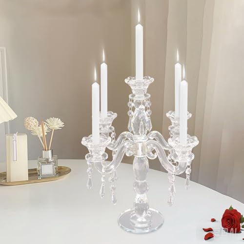 Crystal Candle Holder, 5-Arm 14 Inch Crystal Taper Candlestick Candelabra, Crystal Candlestick Holder, Ultra Elegant and Modern Centerpiece Table Decorations for Home Wedding Event Party Festival