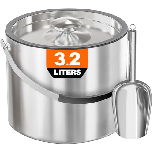3.2L/3.4QT Insulated Ice Bucket with Silicone Lid, Tongs & Strainer, Double Wall Stainless Steel Ice Bucket for Parties and Cocktail Bar, Upgraded Silicone Cover Keep Ice Frozen Longer