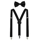 Suspenders For Men,Women Adjustable Suspends Bow Tie Set Solid Color Y Shape (Black)
