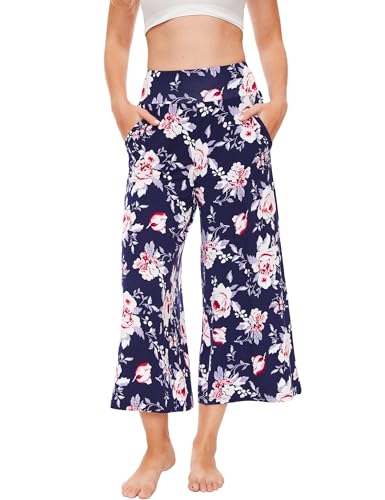 Image of GYS Bamboo Viscose Wide Leg Capri Pants for Women, Ultra-Soft Pajama Bottom | Lightweight Culottes Cropped Lounge Pants, Flowy Yoga Pants, High Waist PJ Bottoms, Knitted Ladies Gaucho Pants
