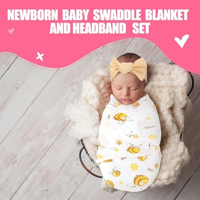 4 Pack Newborn Preemie Swaddle with Headband Set Premature Swaddle Blanket Baby Clothes for Nicu Newborn Boys Girls(Preemie,Bow Style)