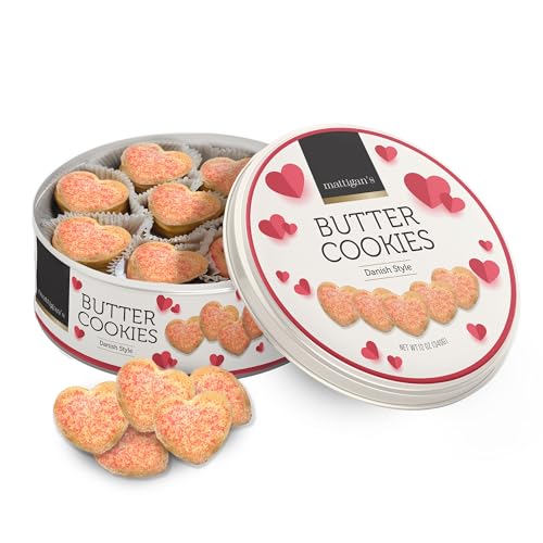 Mattigan's Pink Heart Valentine Butter Cookies Danish Style Cookie, 12 Oz Tin, Gourmet Gifts, Holidays, Birthday, Special Occasions, Assorted Cookie Dessert Sweets, Reusable Metal Tin