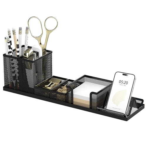 SUPEASY Desk Organizers and Accessories for Office Supplies Organization with 6 Compartments, Desk Organizer with Phone Holder, Pen Holder, Sticky Note Tray, Black image 1