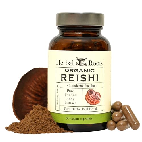 Herbal Roots Organic Reishi Mushroom Capsules - Made with Pure Fruiting Bodies - USDA Certified Organic - Supports Vitality & Cognitive Function - 60 Vegan Capsules