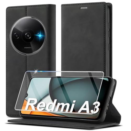 Ailicici für Xiaomi Redmi A3 Hülle Leder Mit Schutzfolie Handyhülle für Xiaomi Redmi A3 4G Klapphülle Klappbar Leder Flip Standfunktion Kartenfach Wallet Case Cover Schutzhülle für Redmi A 3 Holster
