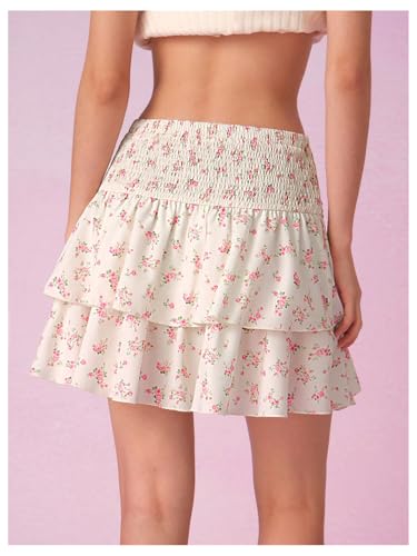 MakeMeChic Women's Floral Mini Skirt Tiered Tie Front Ruffle Smocked Summer Skirts3