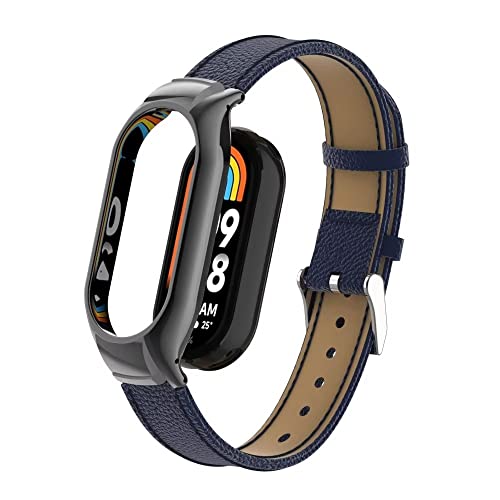T-BLUER Compatible with Xiaomi Mi Smart Band 8 Strap,Mi Band 8 Leather Replacement Bracelet Band Wristband Accessories with Metal Frame for Xiaomi Smart Band 8 Blue - Image 3