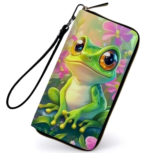 Women's Wallets,PU Leather Wristlet Wallet for Women,Card Holder Organizer Ladies Clutch with Zipper & Phone Holder-Lovely Frog
