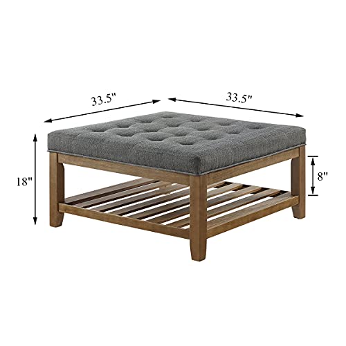 24Kf Large Square Upholstered Tufted Linen Ottoman Coffee Table, Large Footrest Ottoman With Solid Wood Shelf-Granite #TOP4