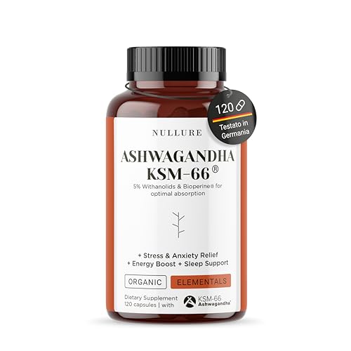 Nullure Bio Ashwagandha KSM-66 - Organica + BioPerine | Testato in Germania | 600 mg | 5% Withanolidi | Vegano | Abassare il Cortisolo · Equilibrio · Vitalità | 120 capsule (2 mesi)