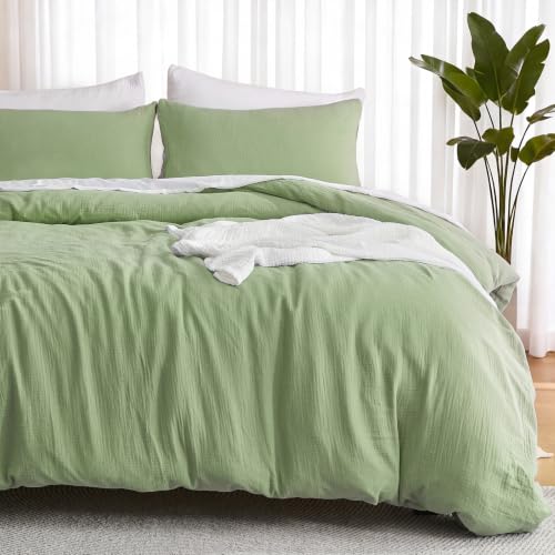 Image of EMME Muslin Cotton Duvet Cover Set King Size Linen Like Soft Breathable Lightweight Summer Comforter Cover Set with Zipper Closure (Sage Green, King)