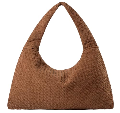 Sacola de couro vegano, bolsa hobo vintage de camurça, bolsa de ombro grande de couro trançado, Marrom, Large
