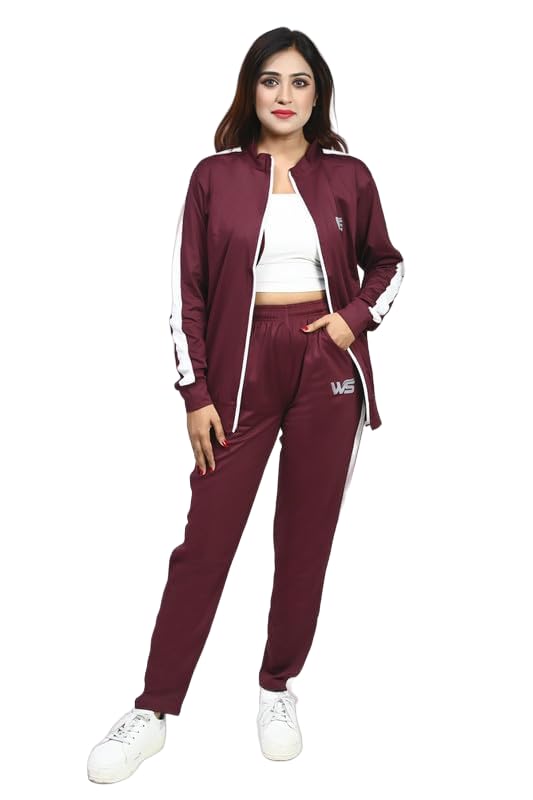 World Sports Track Suit For Women | Collar Neck Tracksuit For Women | Suitable for Yoga, Jogging & Gym | Workout Clothes (Wine)