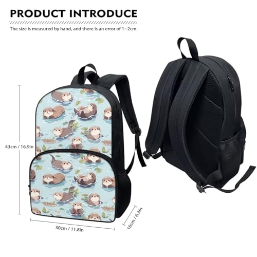 Sea Otter Kawaii Backpack 3Pcs Set Aesthetic School Bags 17 inch Cute Bookbag and Lunch Box Set for Toddler Girls Boys Bookbag 10-12 Years Old Travel Back Pack3