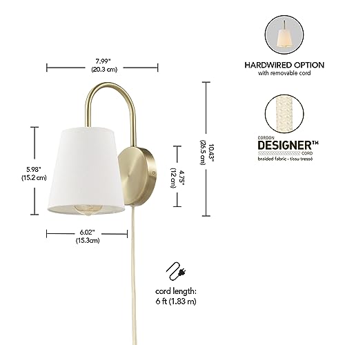 Image of Globe Electric 65000053 1-Light Hardwire or Plug-in Wall Sconce, Matte Brass, White Textured Shade, Arched Arm, Lighting, Home Decor, Lights for Bedroom Plug in
