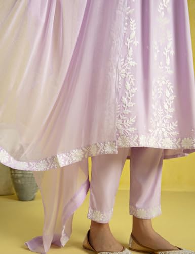 Image of Kaari Women's Chikankari Kurta Set with Dupatta -Fit & Flare Fit | Chiffon Dupatta with Embroidered Band | Straight Pant with Side Pocket | Kurta Set For Women