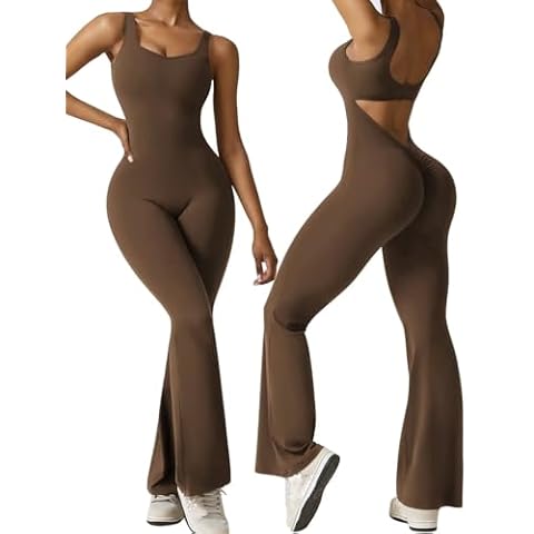 Vertvie Sleeveless Flare Jumpsuits for Women Sexy Backless Bodycon V Back Scrunch Butt Yoga Rompers Seamless Workout Bodysuit(Coffee,Small) Cover