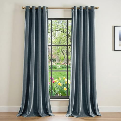 Image of Extra Long Dark Slate Velvet Curtains Grommet 52x108 Inch 2 Panels | Soft Velvet, For Tall Windows & High Ceilings, Light Shifting Texture, Elegant Luxury Drape, Serene, Fresh