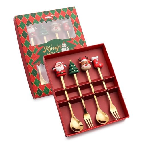 Bloepum Christmas Set Gift Tableware Spoon & Fork Set Dessert Spoon Fruit Fork Coffee Spoon Tableware Set A