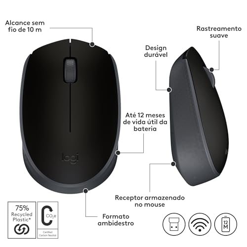 Mouse sem fio Logitech M170 com Design Ambidestro Compacto, Conexão USB e Pilha Inclusa - Preto glide